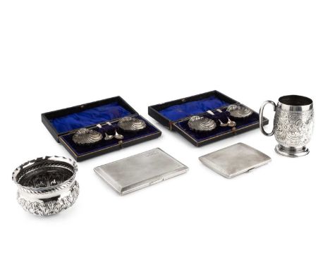 A small collection of silver, comprising a late Victorian christening mug with foliate scroll decoration, by John Henry Rawli