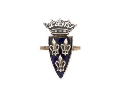 A collection of jewellery, comprising a French enamel panel ring, designed as a blue enamel shield applied with fleur-de-lys 