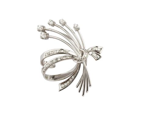 A diamond spray brooch, designed as a wirework spray of round brilliant-cut diamonds, tied with a single-cut diamond set ribb