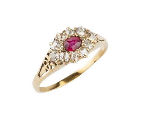 A ruby and diamond cluster ring, the navette-shaped cluster centred with an oval mixed-cut ruby bordered by old-cut diamonds,