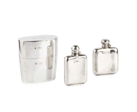 An Edwardian silver flask and cover, of slightly tapered oval section, by W. &amp; G. Neal, London 1901, 10.5cm high, togethe