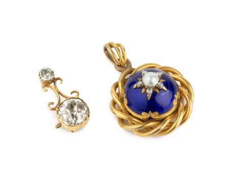 A Victorian half pearl, diamond and enamel pendant, the circular blue enamel boss centred with a half pearl and rose-cut diam