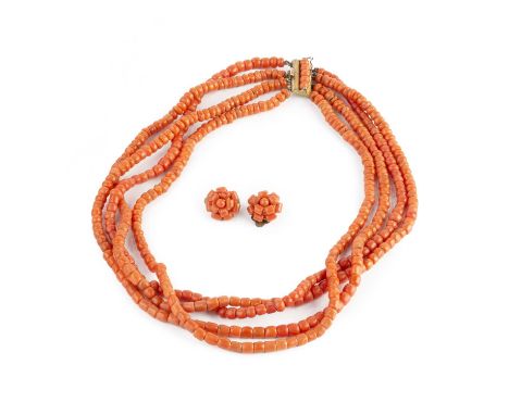 A collection of coral jewellery, comprising a coral corallium rubrum four strand bead necklace, a pair of coral corallium rub
