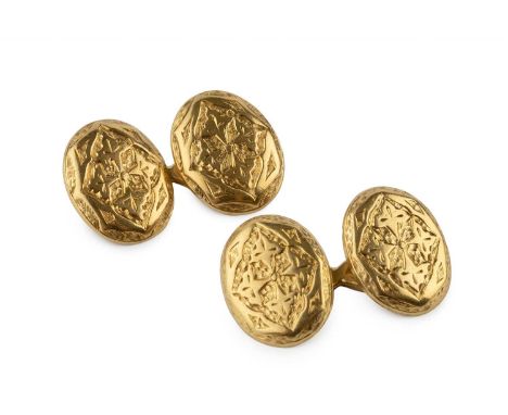 Two 22ct gold cufflinks, of matched design, with engraved oval panels and figure-of-eight fittings, panel length 1.65cmOne of