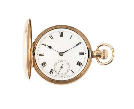 A 9ct gold hunter pocket watch, the white enamel dial with Roman numerals and subsidiary seconds dial, to a keyless wind move