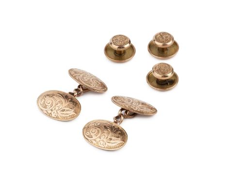 A pair of 9ct gold cufflinks, the oval panels engraved with foliate scroll decoration, on chain-link fittings, hallmarked for