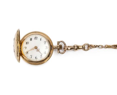 A diamond set hunter fob watch, the white enamel dial with stylised Arabic numerals and gilt scrolled hands, to a keyless win