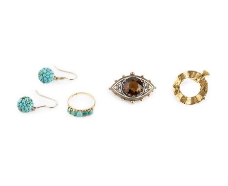 A collection of jewellery, comprising a citrine and white enamel navette-shaped panel brooch, a belt-shaped panel brooch, a t