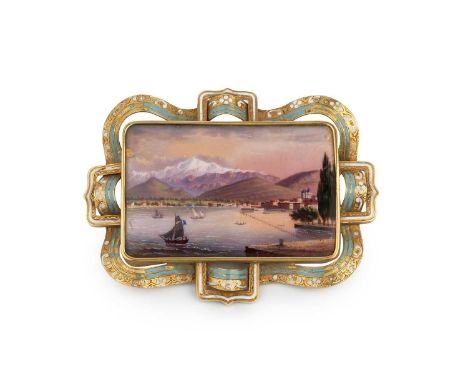 A 19th century enamel panel brooch, the rectangular panel painted to depict a mountainous lake scene, to an undulating surrou