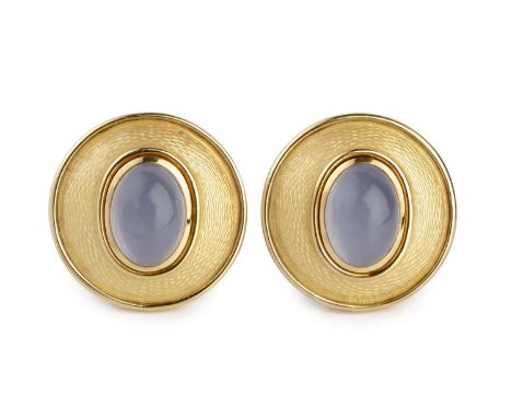 A pair of enamel and chalcedony ear clips by De Vroomen, each circular panel centred with an oval chalcedony cabochon in coll