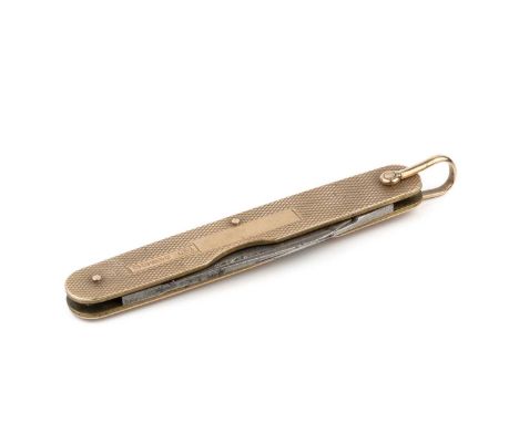 A 9ct gold penknife, with engine turned decoration and steel blades, by E. Baker &amp; Son, Birmingham 1937, 7cm long.