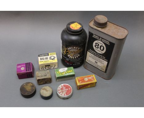 A collection of empty powder tins, ammunition boxes etc, to include Canadian .380" World War II revolver ammunition box, Salo