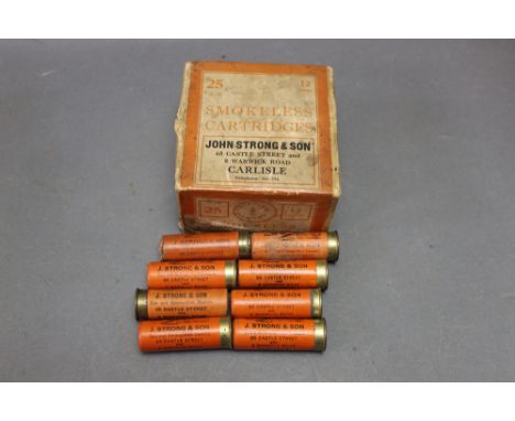 *  John Strong & Son, Castle Street and Warwick Road, Carlisle a cartridge box containing eight paper cased 12 bore cartridge