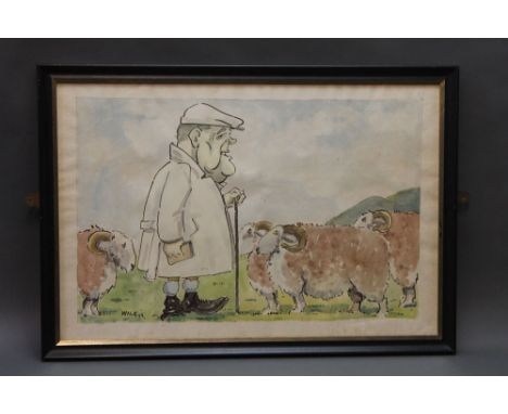 Wilk (John William Wilkinson 1906-1994), a watercolour cartoon depicting Joss Richardson a Blencathra hunt follower standing 