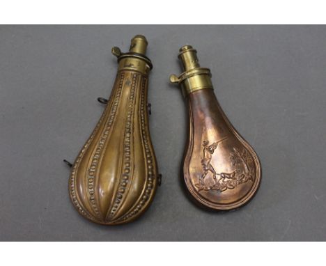 Two powder flasks, the first by James Dixon &amp; Sons Sheffield with a beaded body, stamped both sides with a registered des