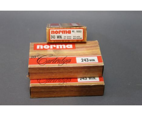 Sixty NorMa 243 Win rifle cartridges, one hundred grain soft point.  FIREARMS CERTIFICATE REQUIRED.  WE CANNOT POST AMMUNITIO