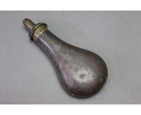 A steel bodied powder flask, stamped to the neck Patent.  Length 21 cm.