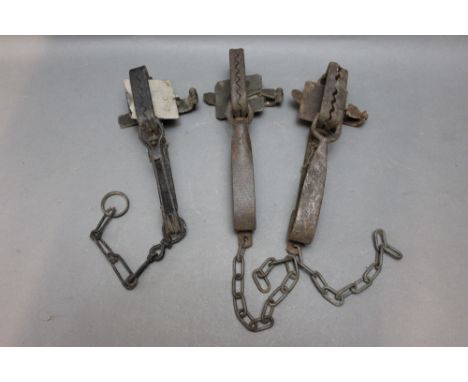 *  Three gin traps, one stamped Advance XX, 26-28 cm.