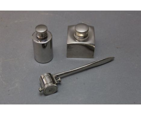*  James Dickson &amp; Son, an oil bottle together with a stainless steel 1oz flask and a Henri Nicolas French powder measure