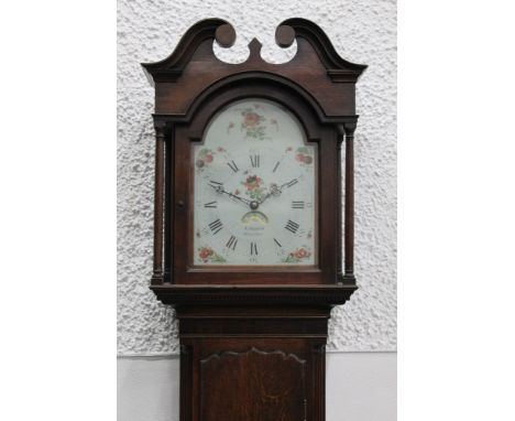 Simpson of Wigton 30 hour longcase clock, with arched painted dial decorated with flowers and fruit and having an oak and mah