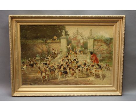 After Blinks a Victorian lithograph of a huntsman and foxhounds, 44 x 67 cm in a gilt frame.