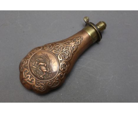 *  James Dixon &amp; Sons Sheffield, a copper bodied shot flask with dead game, with heavily embossed scrolled work, length 1