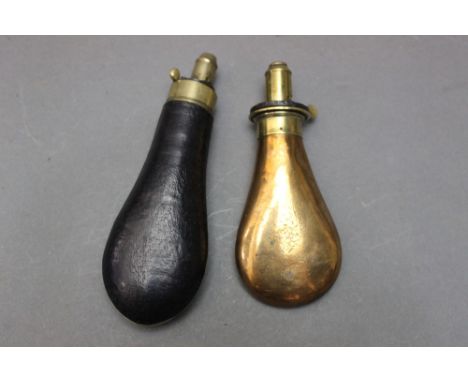 *  James Dixon &amp; Sons Sheffield, a brass and copper powder flask, together with a leather covered powder flask, 16 and 19