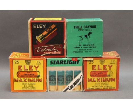 *  Five boxes of 12 bore shotgun cartridges, various makes, various sizes, paper and plastic cases, boxes to include Eley Vel