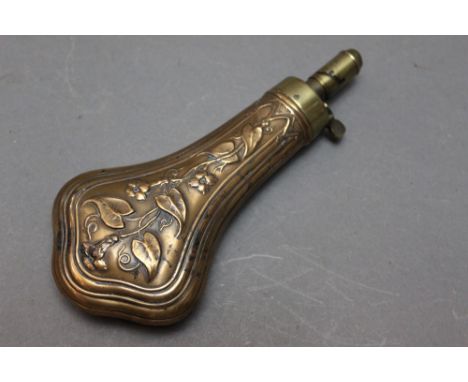 *  Dixon &amp; Sons a copper bodies powder flask, with embossed Art Nouveau style floral decoration, length 20 cm.