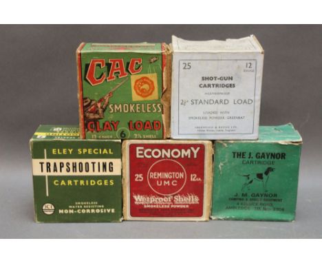 *  Five boxes of 12 bore cartridges, various makes, various sizes, paper and plastic cases, boxes to include Cac of New Zeala