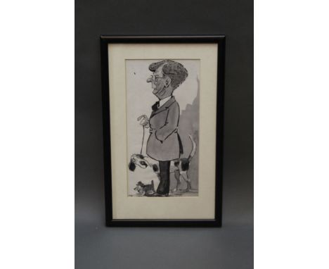 Wilk (John William Wilkinson 1906-1994), a watercolour cartoon depicting Frank Richardson driver for Sir Percy Hope with houn