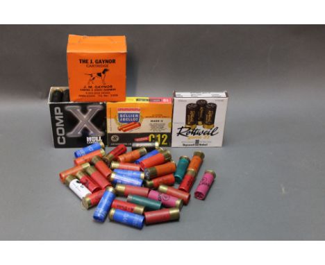 +/- Ninety 12 bore shotgun cartridges, to include 8 by J.M. Gaynor, 4 Kelsick Road, Ambleside.  SHOTGUN CERTIFICATE REQUIRED.