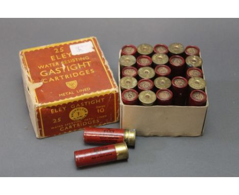 Twenty five Eley water resisting gas tight 10 bore shotgun cartridges, 2 7/8", shot size 5.  SHOTGUN CERTIFICATE REQUIRED.  W