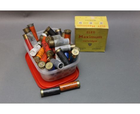 A collection of paper and plastic cased 12 bore shotgun cartridges, to include Eley Maximum, Sportsman's Gun Bromley, The Cap