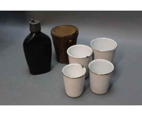 *  Chesterman &amp; Bottom Sheffield, a leather covered drinking flask with pewter top, together with a set of four enamel st
