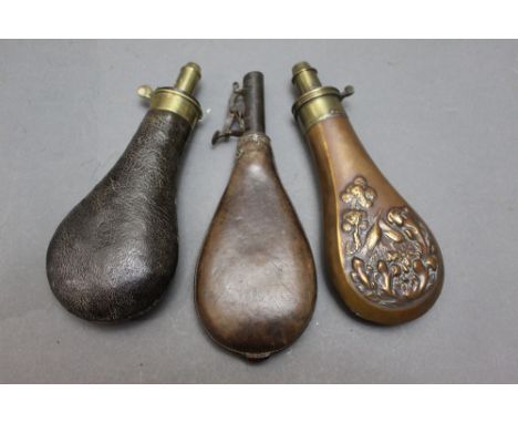 *  James Dixon &amp; Sons Sheffield, a leather bodied powder flask 20 cm, together with a  flask stamped Patent and embossed 