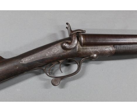 *  J Matthews a pin fire side by side shotgun, with 30" Damascus barrels, the hammers with foliate engraving, the action mark