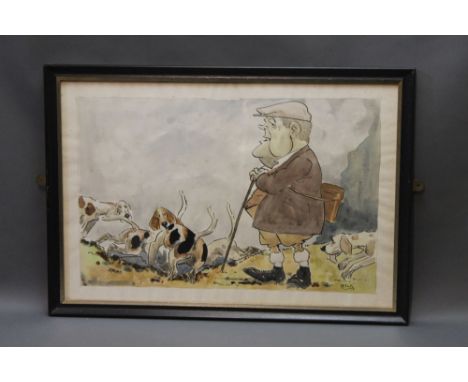 Wilk (John William Wilkinson 1906-1994), a watercolour cartoon depicting Joss Richardson a Blencathra hunt follower with houn