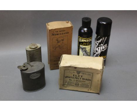 *  A vintage box of Eley white felt wads, 12 gauge, together with a Nomisgard hand guard, a spirit flask, hand warmer and bot