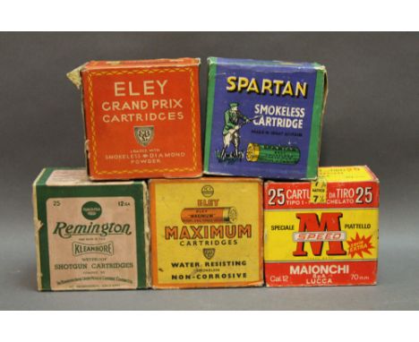 *  Five boxes of shotgun cartridges 12 bore, to include Spartan Smokeless cartridge made in Great Britain.  SHOTGUN CERTIFICA