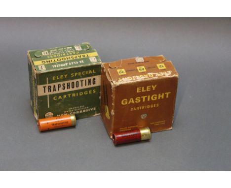 Two boxes of vintage Eley 12 bore shotgun cartridges, to include Eley trap shooting, paper cased, shot size 7 and Eley Gas Ti