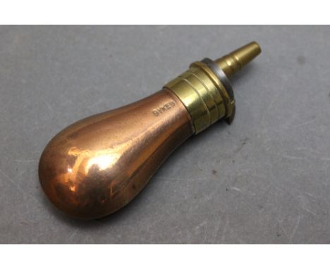 *  Sykes a pistol powder flask with copper body, stamped to the body Sykes, 8 cm.