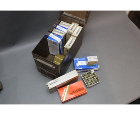 A Military ammunition box, filled with various spent rifle and pistol cartridges, to include 9 mm Luger, 357 Magnum etc.