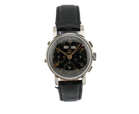 Marvin Chronograph Triple Calendar "Chronodato, cassa e fondello a scatto in acciaio, cal. Valjoux 72c, quadrante nero e graf