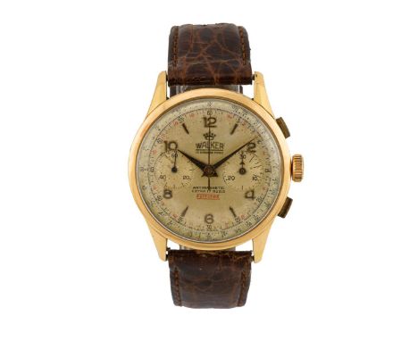 Wolker Chronograph "FERROTEX", Cal. Landeron 248 a carica manuale, cassa piena in oro 18k, fondello a scatto, anni '50, overs