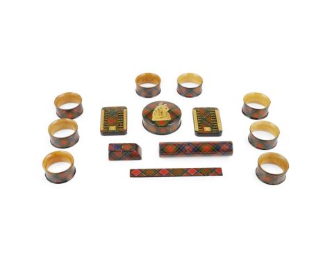 A GROUP OF MAUCHLINE 'TARTAN WARE'  'MCPHERSON' TARTAN, LATE 19TH CENTURY   comprising EIGHT NAPKIN RINGS, 5cm diameter; TWO 
