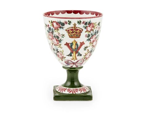 A SMALL WEMYSS WARE COMMEMORATIVE VICTORIA GOBLET  DATED 1897   probably decorated by Karel Nekola, depicting the royal crown