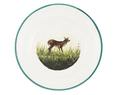A WEMYSS WARE PLATE  CIRCA 1900   decorated by Karel Nekola depicting a hind in a grassy field, impressed mark WEMYSS WARE/ R