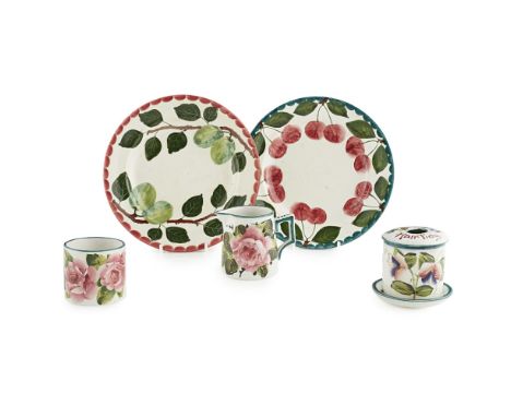 A GROUP OF WEMYSS WARE  20TH CENTURY   comprising a 'SWEET PEAS' HAIR TIDY, 6cm high; 'SWEET PEAS' CANDLESTICK DRIP TRAY, 7.5