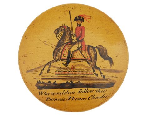 A MAUCHLINE SNUFF BOX OF JACOBITE INTEREST  19TH CENTURY   the round wooden snuff box painted to cover with man on horseback 